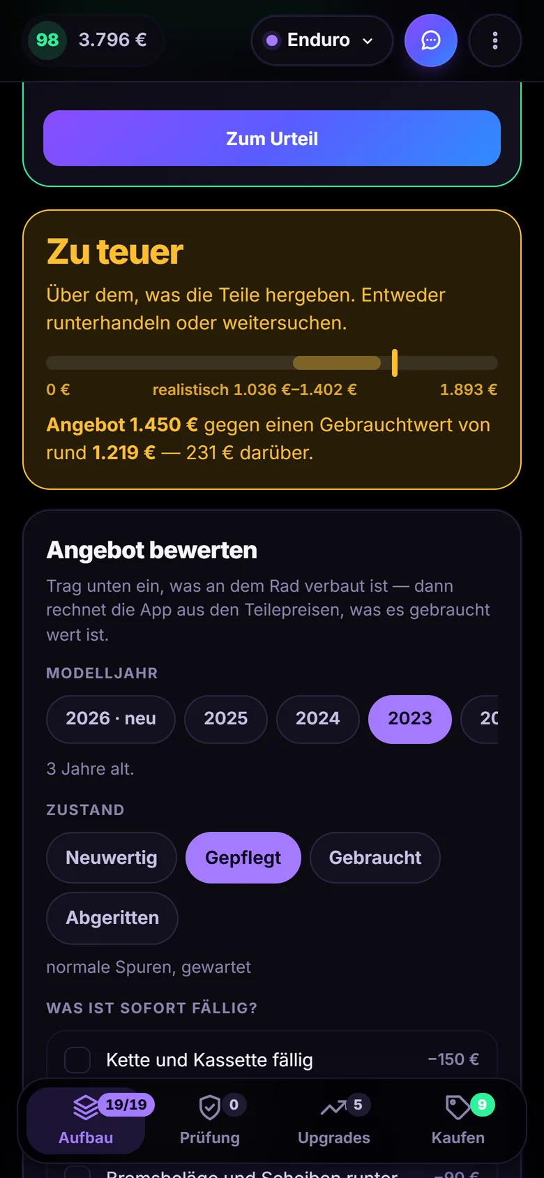 Screenshot der App: Bewertung eines Gebrauchtangebots mit dem Urteil „Zu teuer“, Angebot 1.450 Euro gegen einen Gebrauchtwert von rund 1.219 Euro.