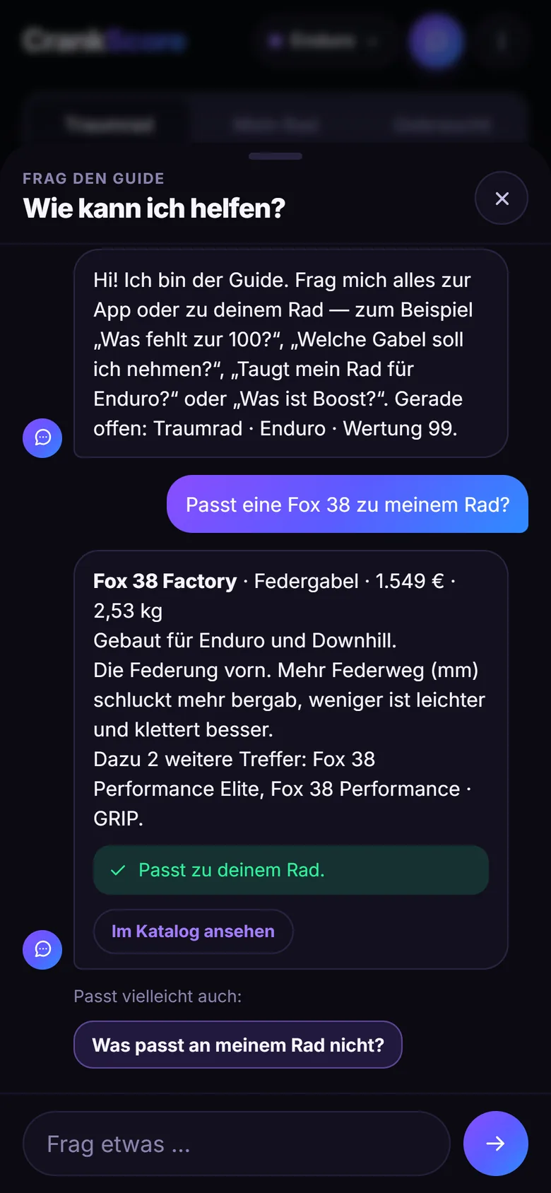 Screenshot des Guides: Frage „Passt eine Fox 38 zu meinem Rad?“, Antwort mit Preis, Gewicht und dem Hinweis „Passt zu deinem Rad“.