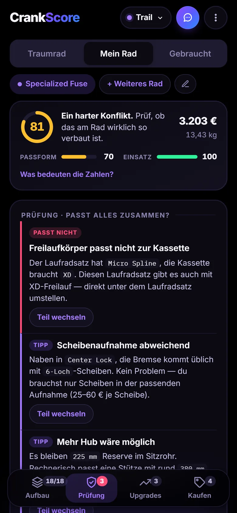Screenshot der App: Prüfung eines eigenen Rads. Meldung „Freilaufkörper passt nicht zur Kassette“ mit Erklärung und Lösung.